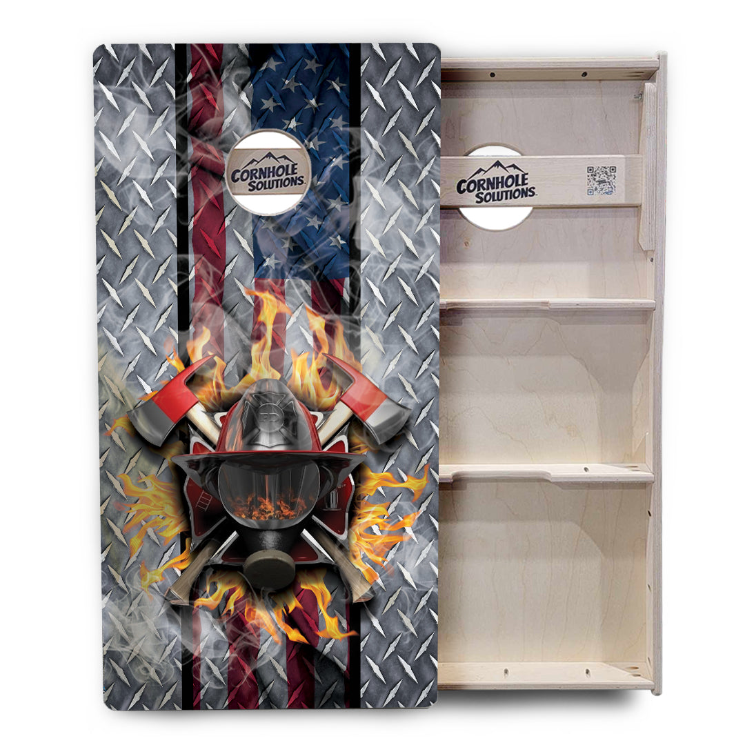 Regulation Cornhole Boards - Firefighter on Diamond Plating - 2'x4' Regulation Cornhole Set - 3/4″ Baltic Birch + UV Direct Print + UV Clear Coat