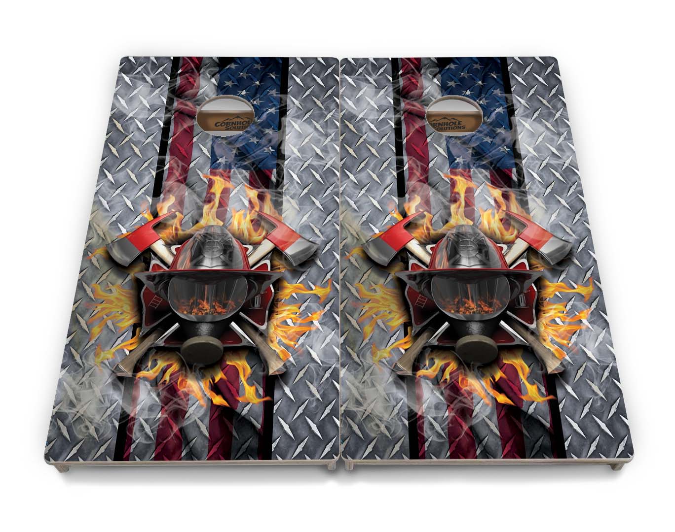 Regulation Cornhole Boards - Firefighter on Diamond Plating - 2'x4' Regulation Cornhole Set - 3/4″ Baltic Birch + UV Direct Print + UV Clear Coat