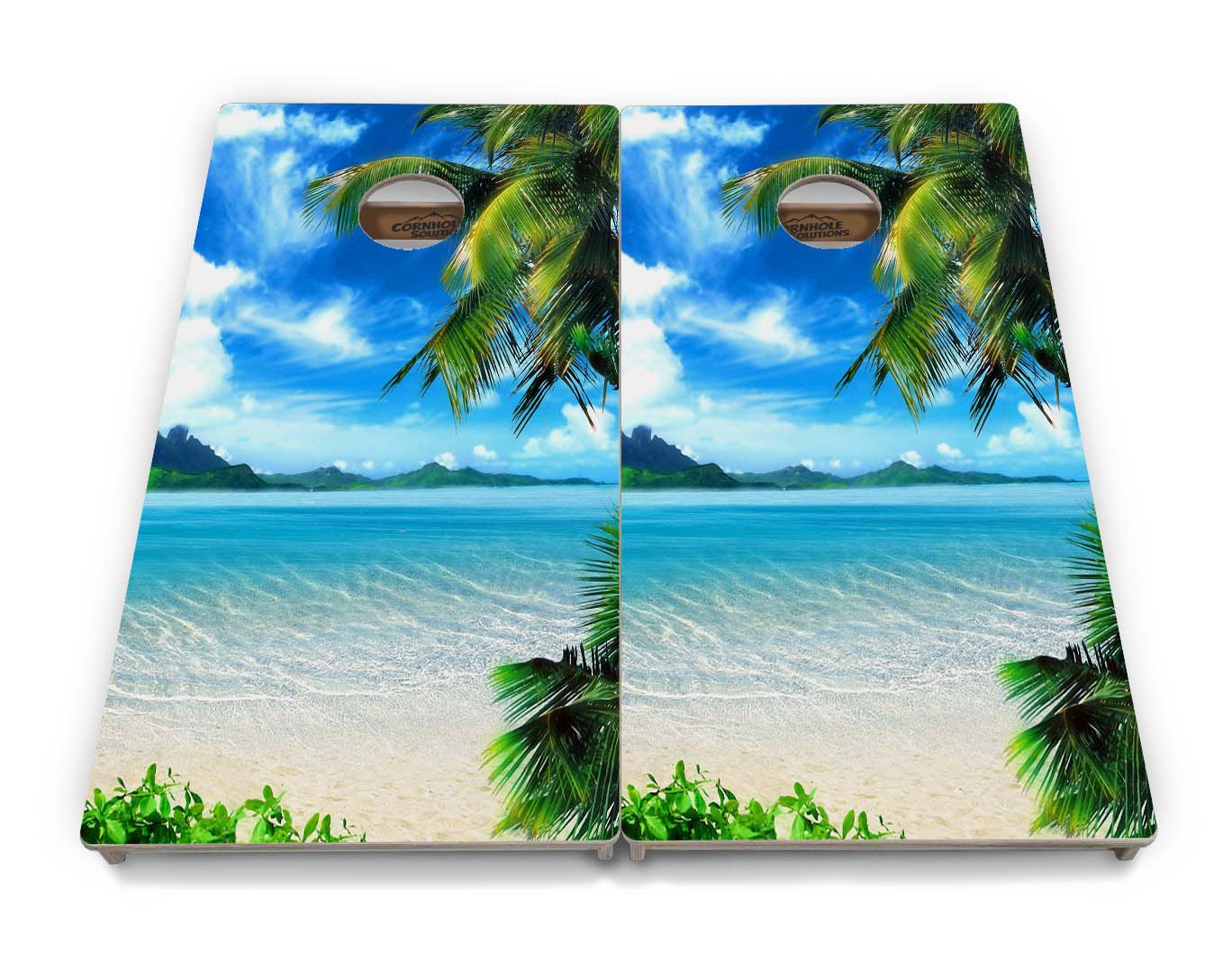 Regulation Cornhole Boards - Beach Mountain Scene - 2'x4' Regulation Cornhole Set - 3/4″ Baltic Birch + UV Direct Print + UV Clear Coat