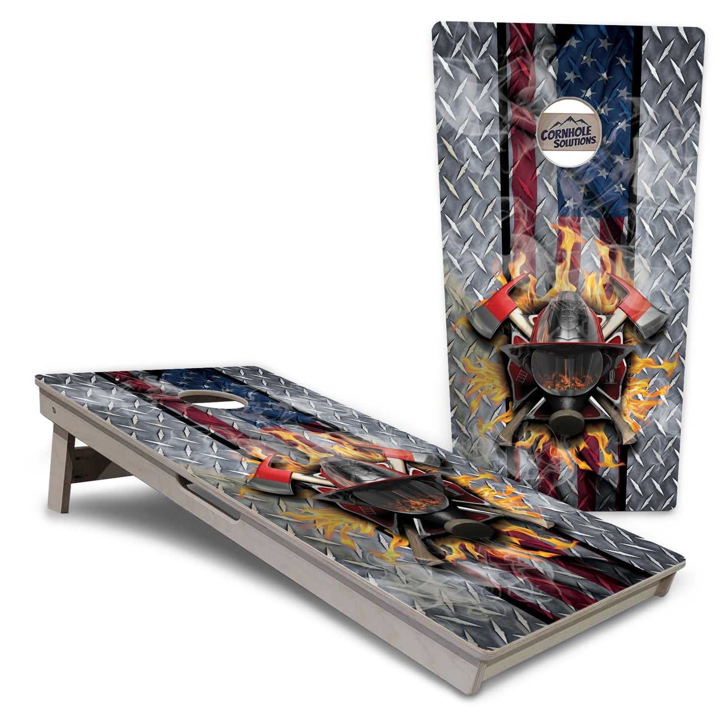 Regulation Cornhole Boards - Firefighter on Diamond Plating - 2'x4' Regulation Cornhole Set - 3/4″ Baltic Birch + UV Direct Print + UV Clear Coat