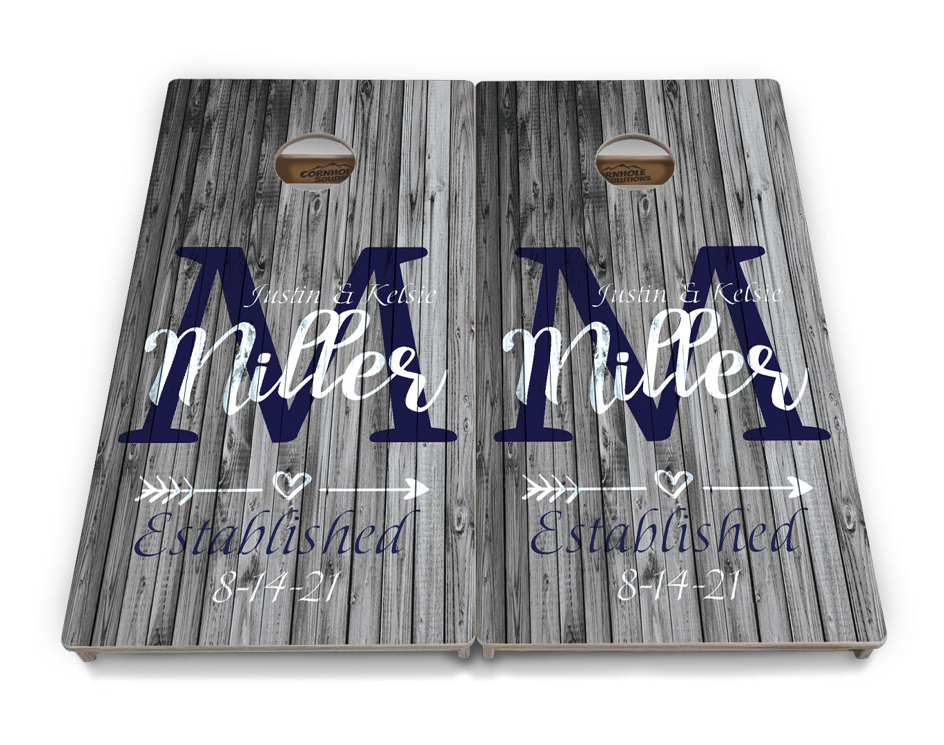 Regulation Wedding Cornhole Set - Grey Slat Design 2'x4' Regulation Cornhole Set - 3/4" Baltic Birch +UV Direct Print +UV Clear Coat