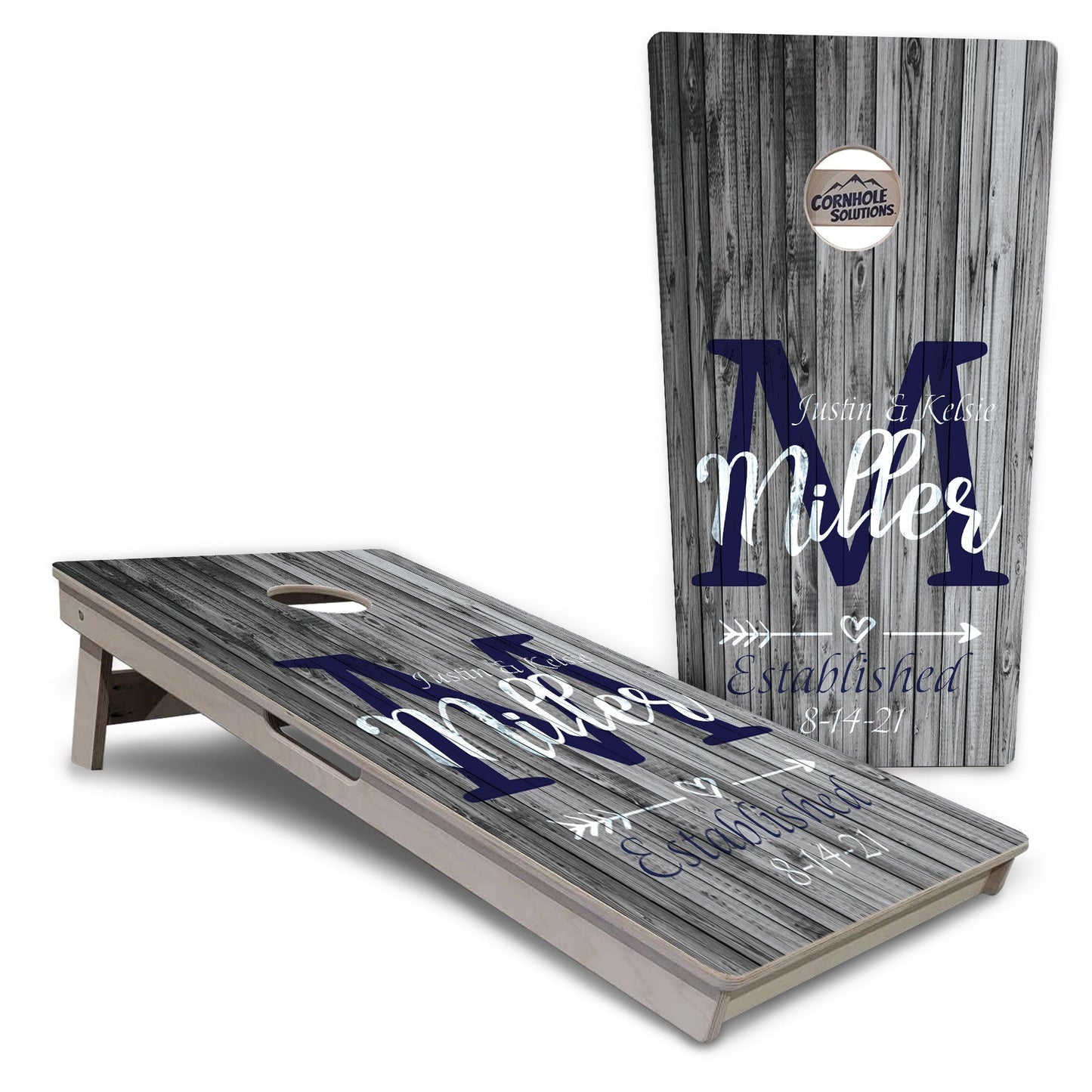 Regulation Wedding Cornhole Set - Grey Slat Design 2'x4' Regulation Cornhole Set - 3/4" Baltic Birch +UV Direct Print +UV Clear Coat