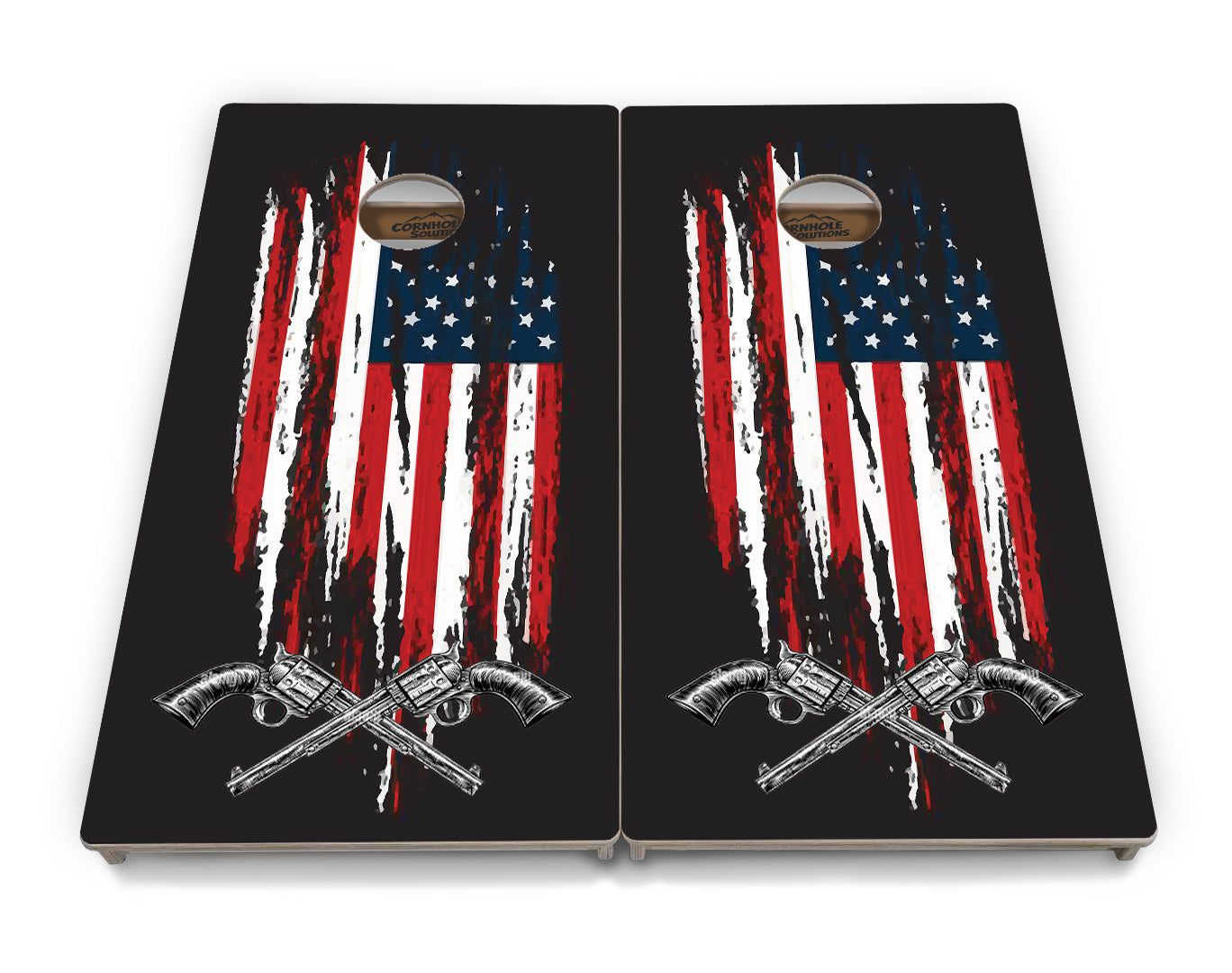 Regulation Cornhole Boards - Guns and Flag Design - 2'x4' Regulation Cornhole Set - 3/4″ Baltic Birch - UV Direct Print + UV Clear Coat