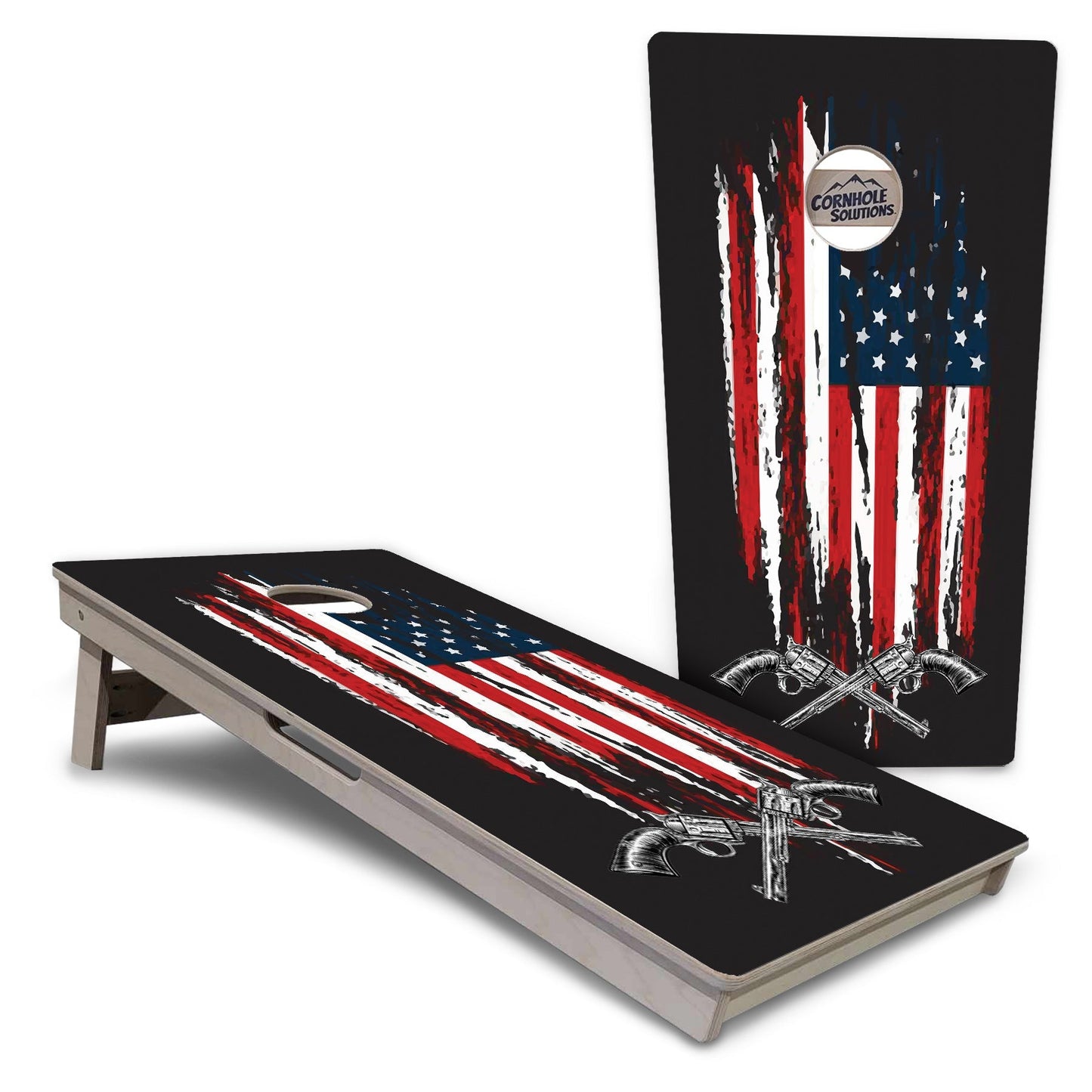 Regulation Cornhole Boards - Guns and Flag Design - 2'x4' Regulation Cornhole Set - 3/4″ Baltic Birch - UV Direct Print + UV Clear Coat