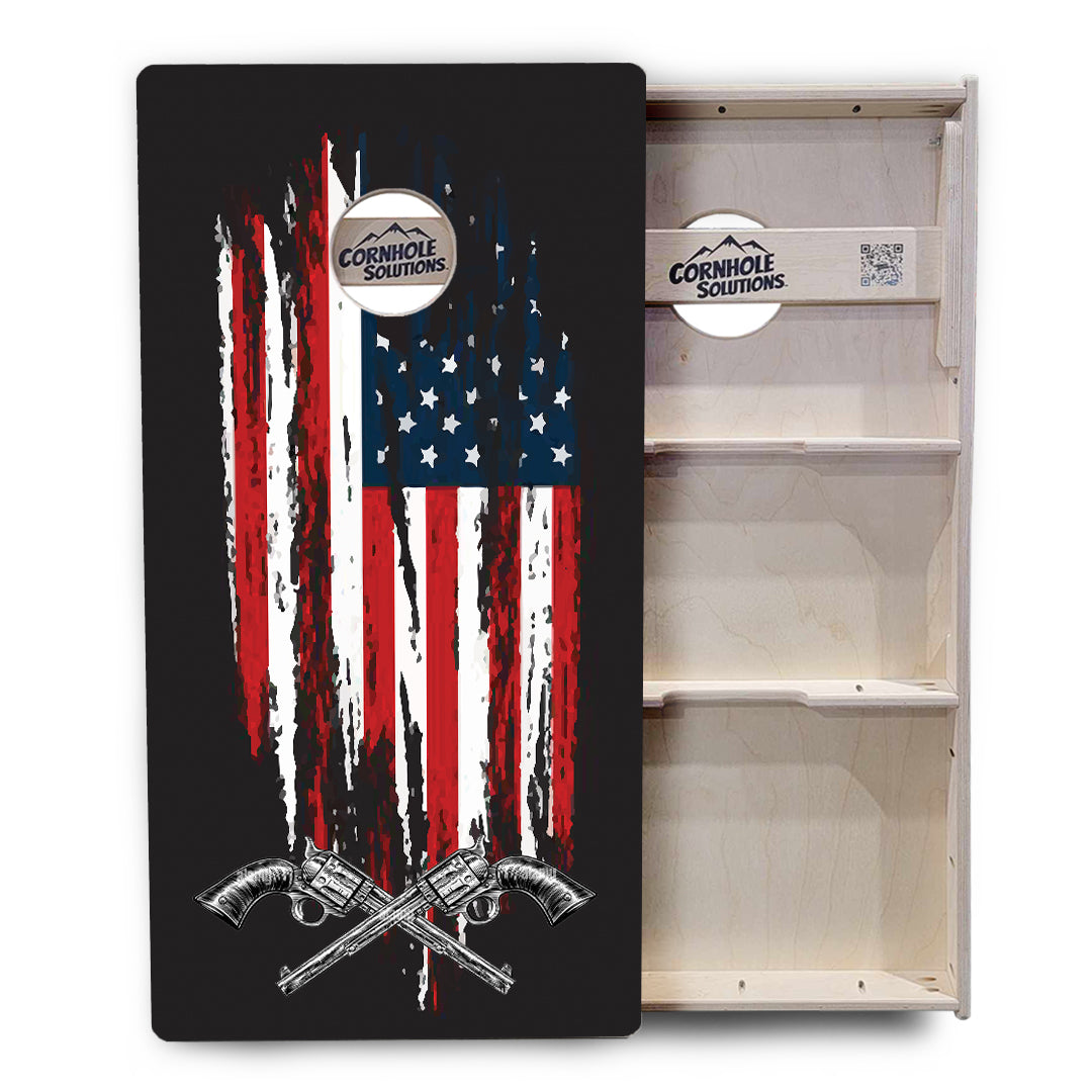 Regulation Cornhole Boards - Guns and Flag Design - 2'x4' Regulation Cornhole Set - 3/4″ Baltic Birch - UV Direct Print + UV Clear Coat