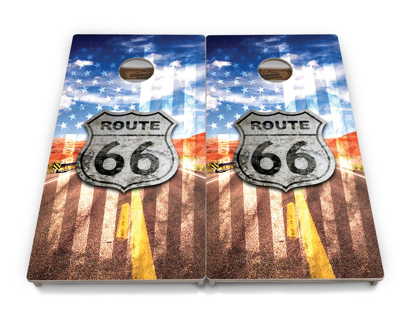 Regulation Cornhole Boards - Route 66 - 2'x4' Regulation Cornhole Set - 3/4″ Baltic Birch - UV Direct Print + UV Clear Coat