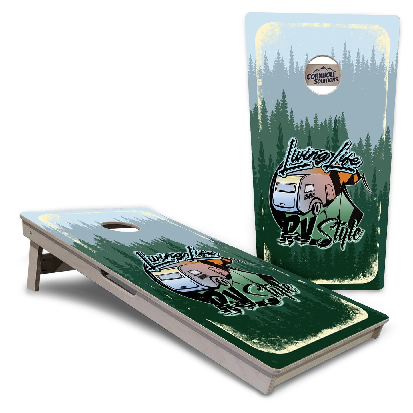 Regulation Cornhole Boards - Living Life RV Style - 2'x4' Regulation Cornhole Set - 3/4″ Baltic Birch - UV Direct Print + UV Clear Coat