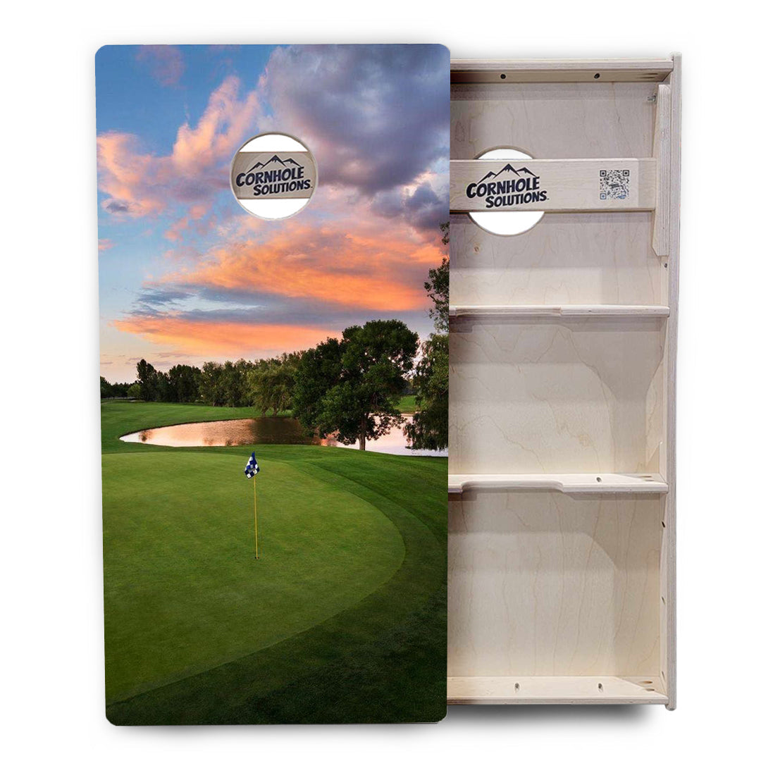 Regulation Cornhole Boards - Golf Course Sunset Design Options - 2'x4' Regulation Cornhole Set - 3/4″ Baltic Birch + UV Direct Print + UV Clear Coat