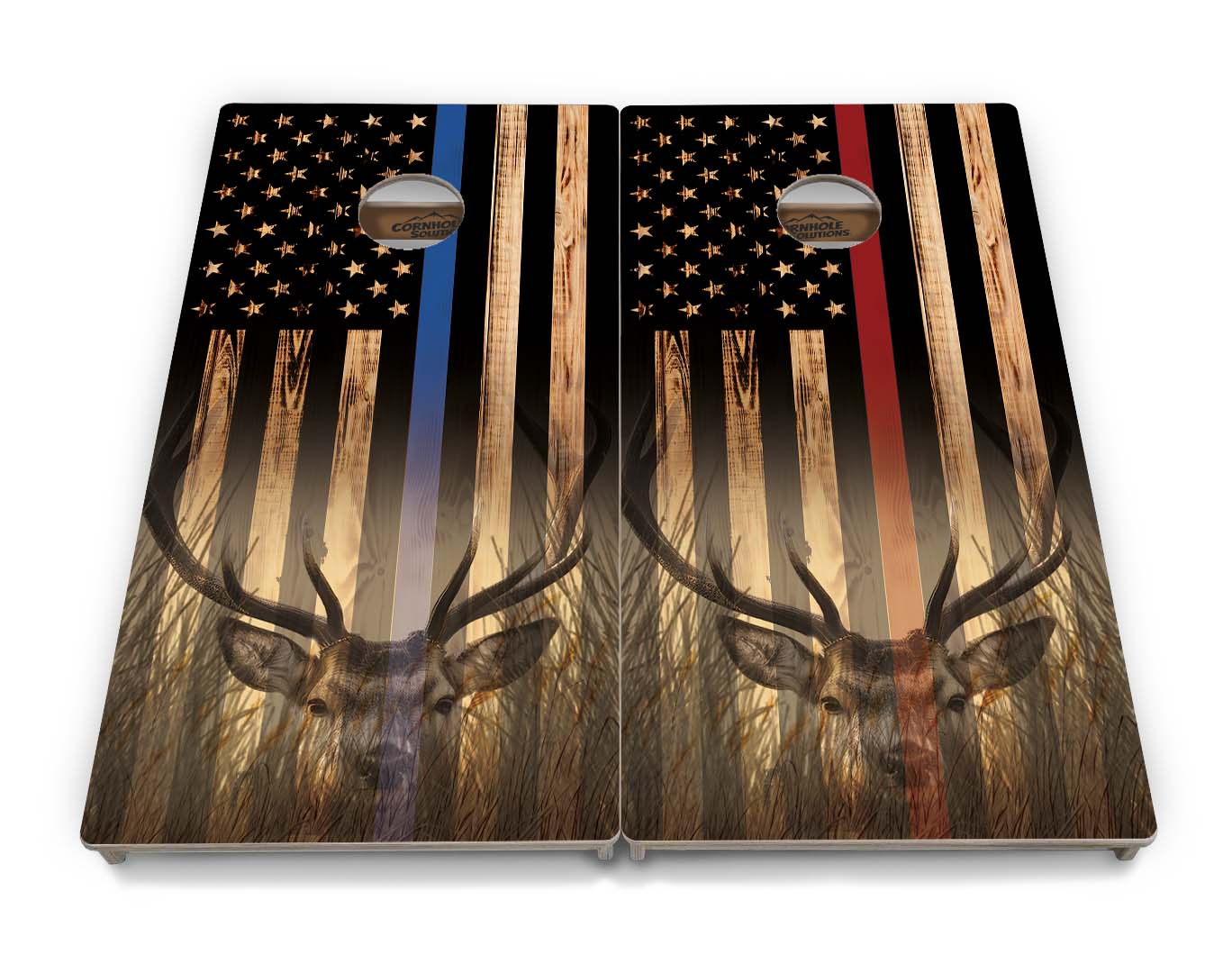 Regulation Cornhole Boards - Blue & Red Line Burnt Flag Deer & Fish Design Options - 2'x4' Regulation Cornhole Set - 3/4″ Baltic Birch + UV Direct Print + UV Clear Coat