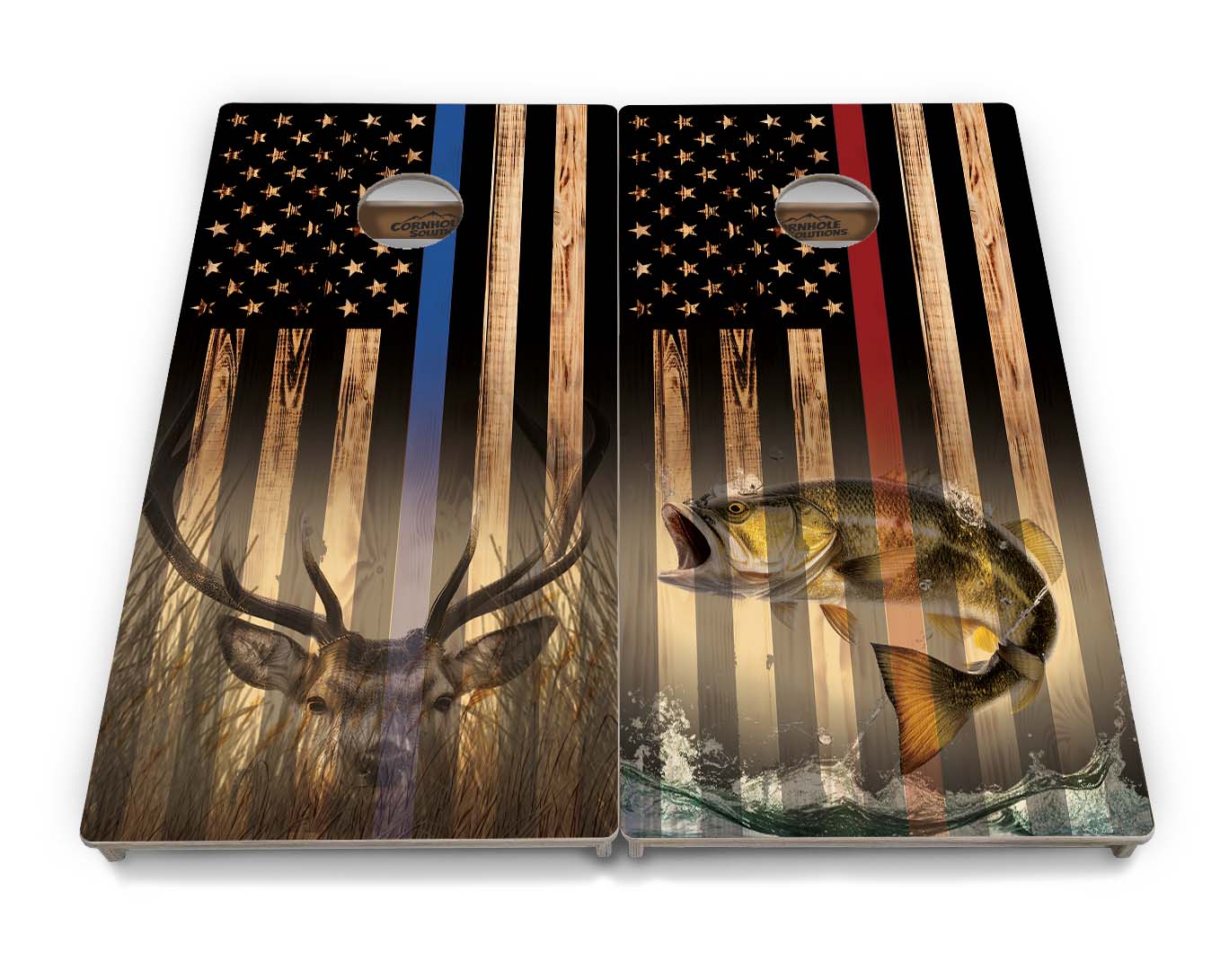 Regulation Cornhole Boards - Blue & Red Line Burnt Flag Deer & Fish Design Options - 2'x4' Regulation Cornhole Set - 3/4″ Baltic Birch + UV Direct Print + UV Clear Coat