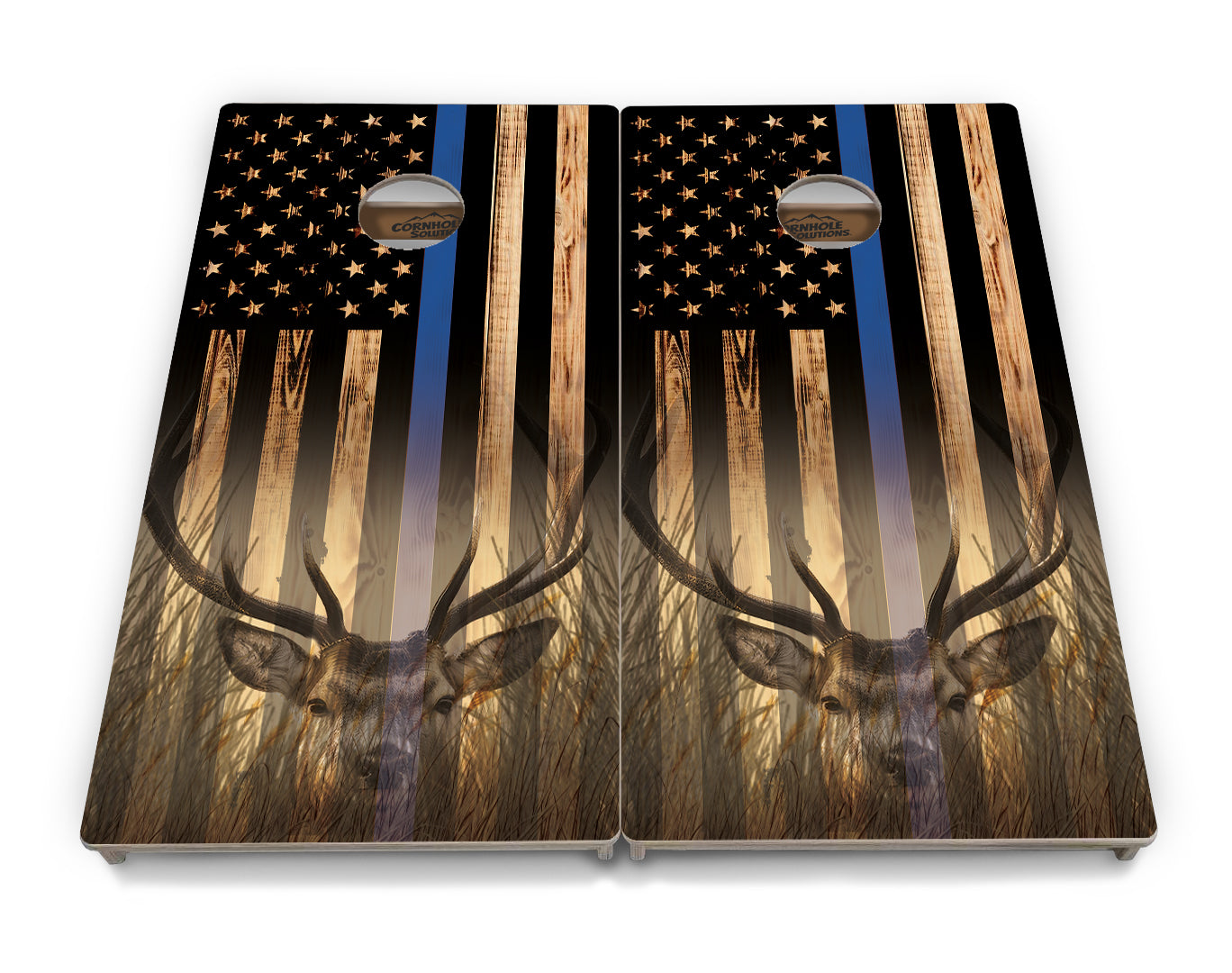 Regulation Cornhole Boards - Blue & Red Line Burnt Flag Deer & Fish Design Options - 2'x4' Regulation Cornhole Set - 3/4″ Baltic Birch + UV Direct Print + UV Clear Coat