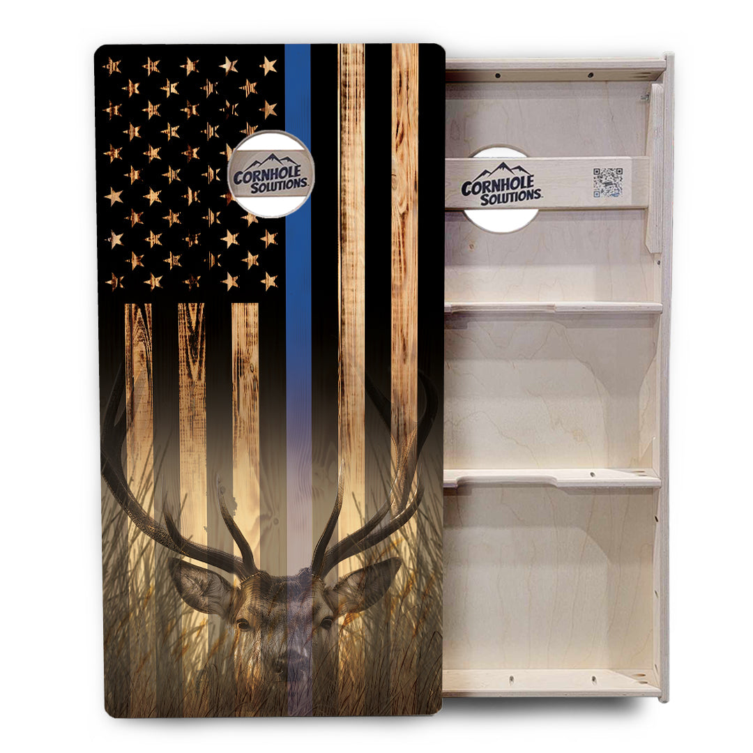 Regulation Cornhole Boards - Blue & Red Line Burnt Flag Deer & Fish Design Options - 2'x4' Regulation Cornhole Set - 3/4″ Baltic Birch + UV Direct Print + UV Clear Coat