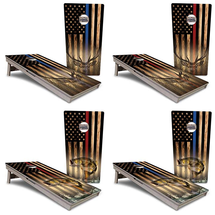 Regulation Cornhole Boards - Blue & Red Line Burnt Flag Deer & Fish Design Options - 2'x4' Regulation Cornhole Set - 3/4″ Baltic Birch + UV Direct Print + UV Clear Coat