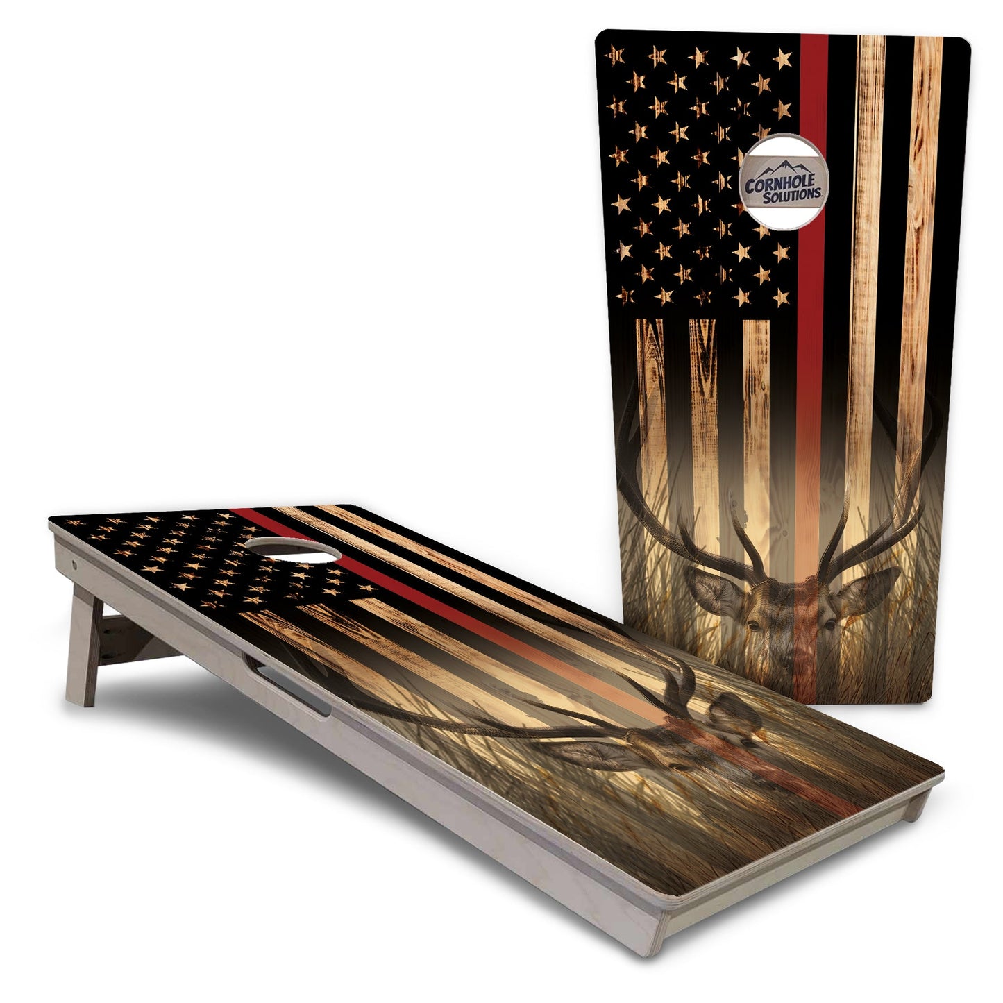 Regulation Cornhole Boards - Blue & Red Line Burnt Flag Deer & Fish Design Options - 2'x4' Regulation Cornhole Set - 3/4″ Baltic Birch + UV Direct Print + UV Clear Coat